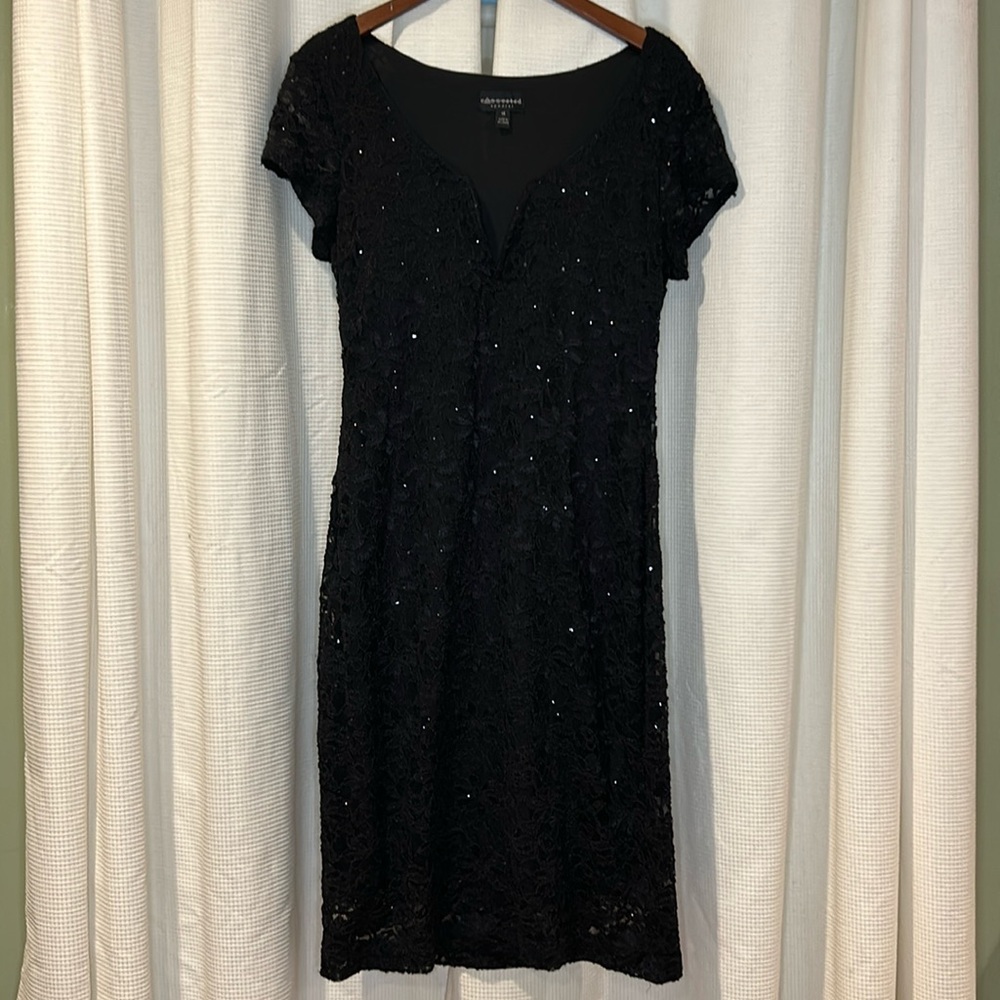 Black floral lace and sequin cocktail dress